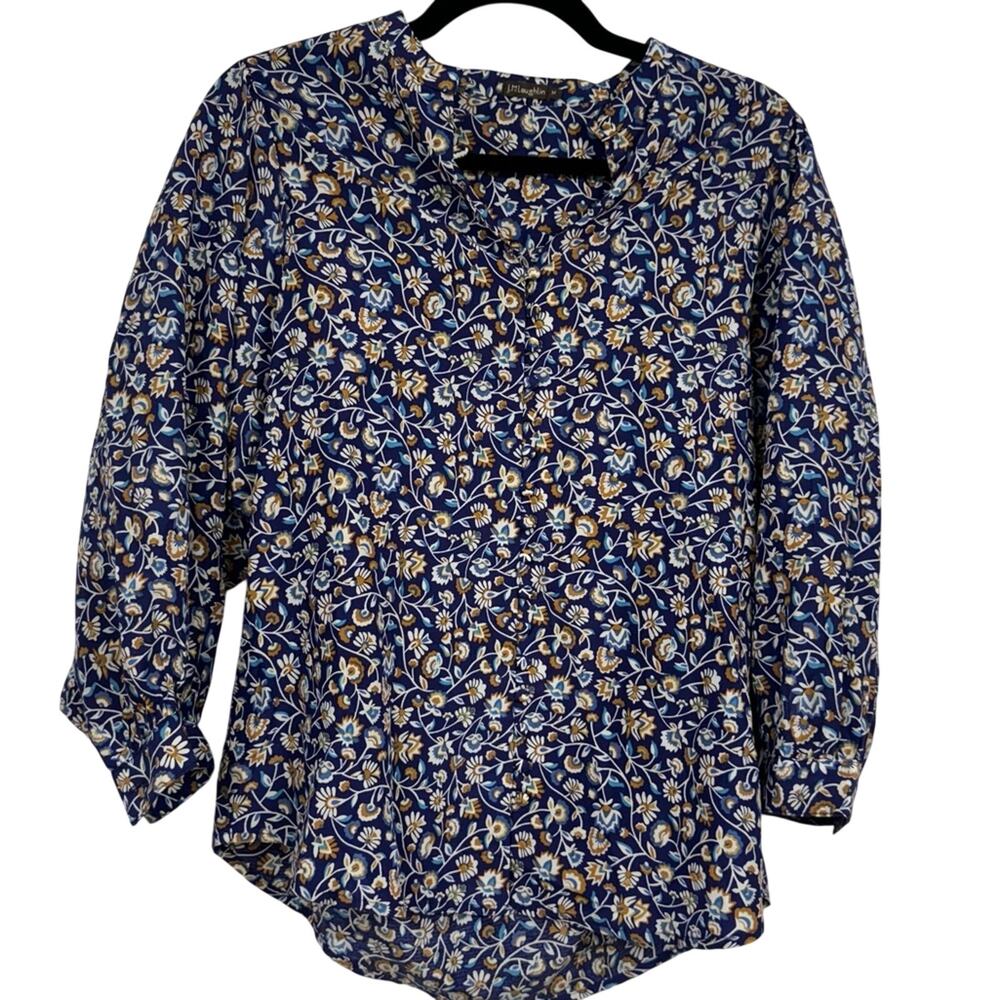 J McLaughlin Blue & Yellow Ditsy Floral Blouse Womens M Boho Button Front Top